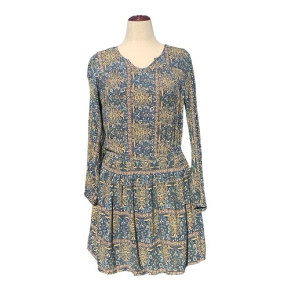 Sonoma Blue Gold Long Sleeve Mini Dress Abstract Print Lightweight Size Large